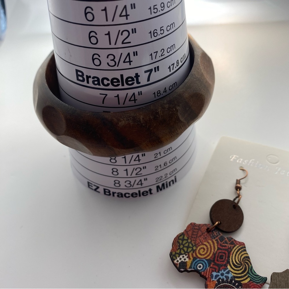 3pc Wooden Bangle 8” Multicolor African Map Earrings 3”pierced Hook Brown - Picture 5 of 6